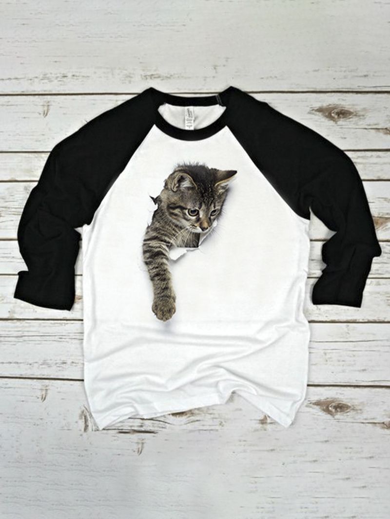 Cute Kat Print Raglanmouwen O-hals Casual T-shirt Voor Dames