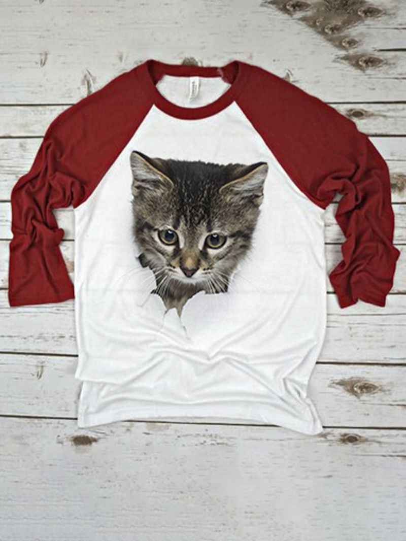 Dames 3d Cute Kat Print Raglanmouwen Regular Fit Ronde Hals Casual T-shirt