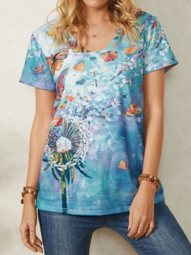 Dames All-over Vlinderprint V-hals Casual T-shirts Met Korte Mouwen