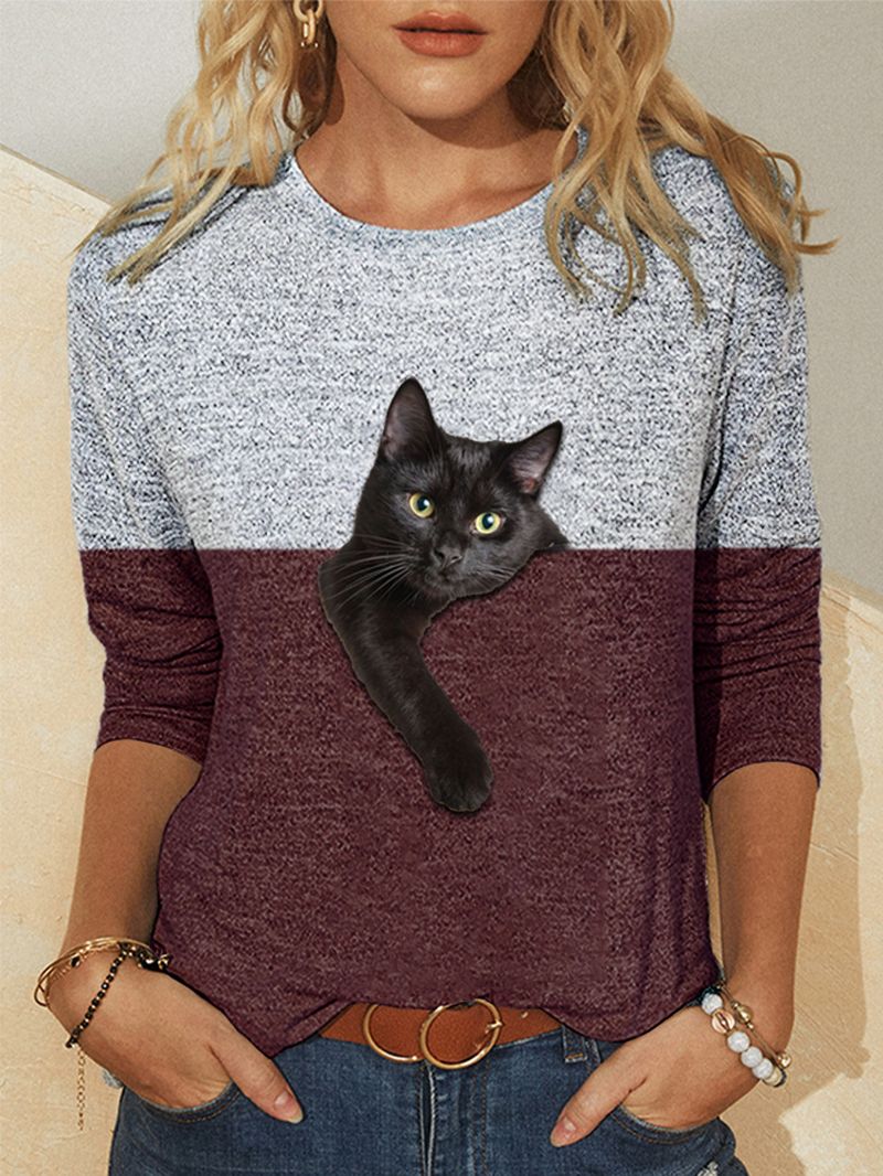 Dames Casual T-shirt Met 3d-kattenprint En Lange Mouwen Met O-hals In Contrasterende Kleur