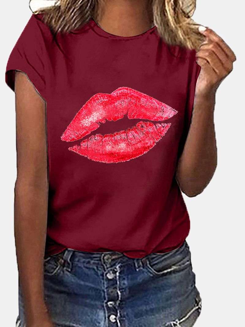 Dames Casual T-shirt Met Ronde Hals En Lippenprint Met Korte Mouwen T-shirts Met Korte Mouwen