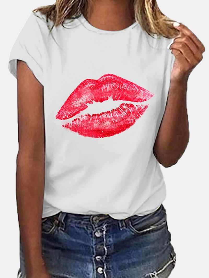 Dames Casual T-shirt Met Ronde Hals En Lippenprint Met Korte Mouwen T-shirts Met Korte Mouwen