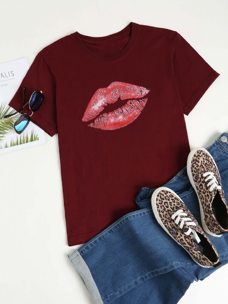 Dames Casual T-shirt Met Ronde Hals En Lippenprint Met Korte Mouwen T-shirts Met Korte Mouwen