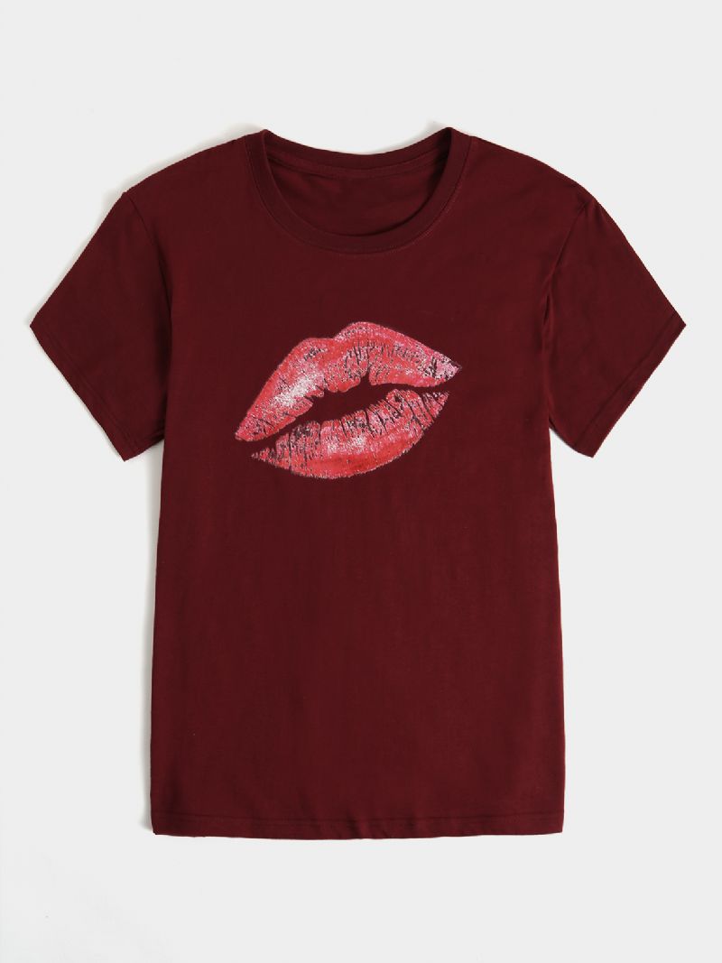 Dames Casual T-shirt Met Ronde Hals En Lippenprint Met Korte Mouwen T-shirts Met Korte Mouwen