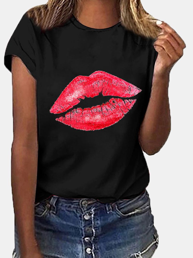 Dames Casual T-shirt Met Ronde Hals En Lippenprint Met Korte Mouwen T-shirts Met Korte Mouwen