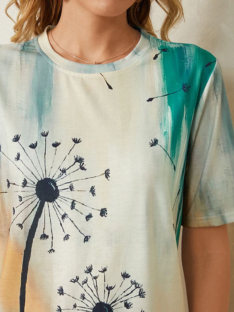 Dames Plant Ombre Print Ronde Hals Casual T-shirts Met Korte Mouwen