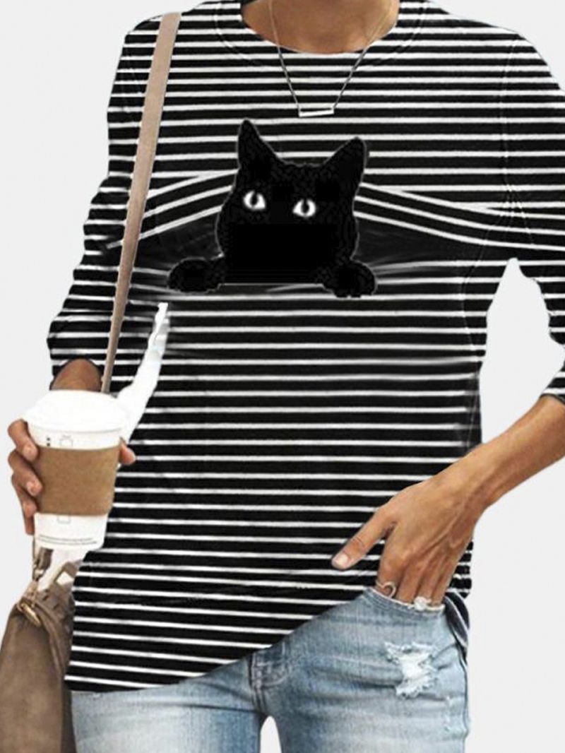 Dames Zwart Kattenprint Lange Mouwen O-hals Gestreept Casual T-shirt