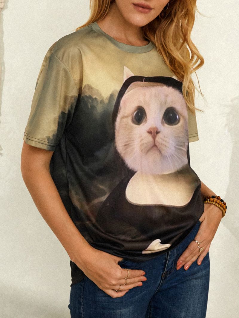 T-shirts Met Ronde Hals En Korte Mouwen Voor Dames Met Grappige Kattenprint