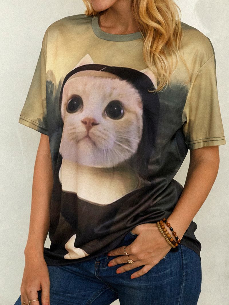 T-shirts Met Ronde Hals En Korte Mouwen Voor Dames Met Grappige Kattenprint