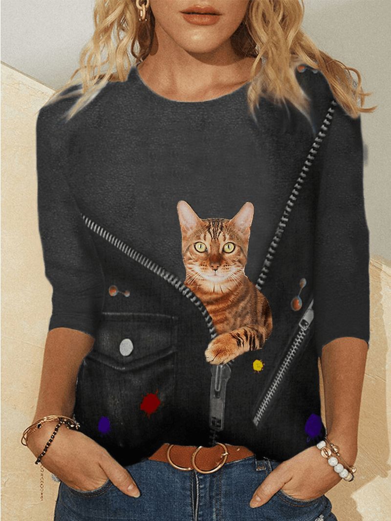 Vrouwen 3d Cartoon Kat Print T-shirts Met Lange Mouwen