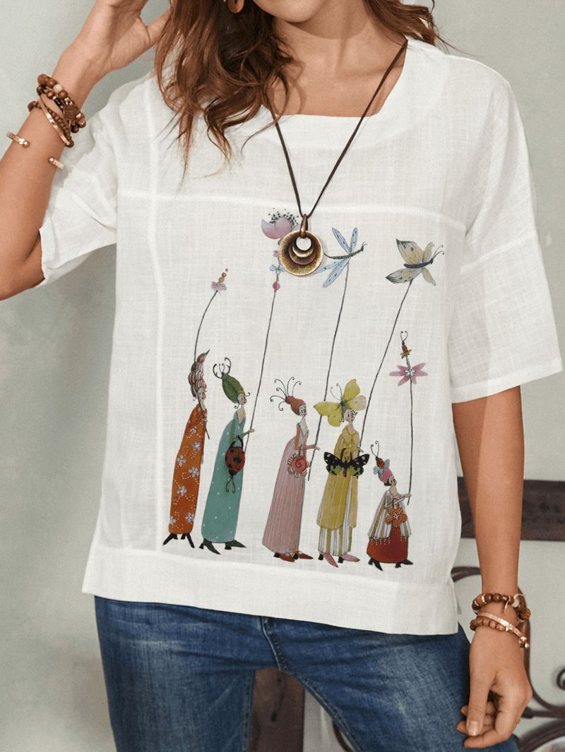 Vrouwen Cartoon Calico Figuur Print Ronde Hals Casual Losse T-shirts Met Korte Mouwen