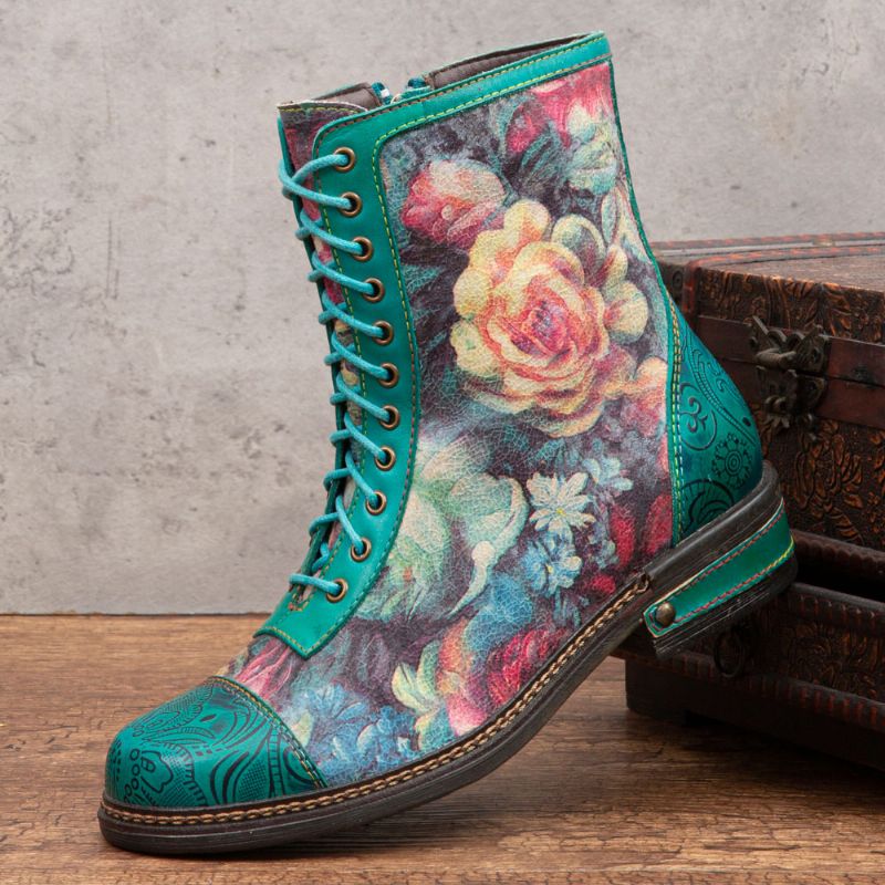 Dames Retro Bloemenprint Echt Leer Embossing Lace Up Stiksels Enkellaarsjes