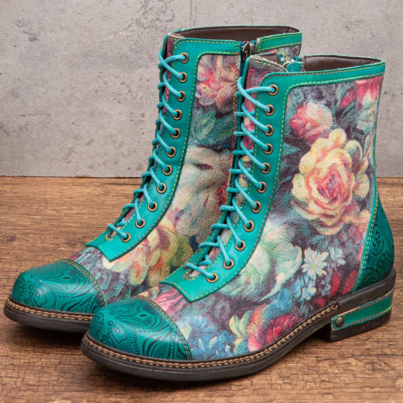 Dames Retro Bloemenprint Echt Leer Embossing Lace Up Stiksels Enkellaarsjes