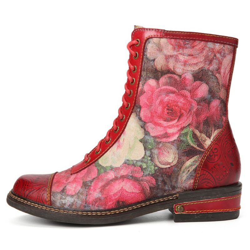 Dames Retro Bloemenprint Echt Leer Embossing Lace Up Stiksels Enkellaarsjes