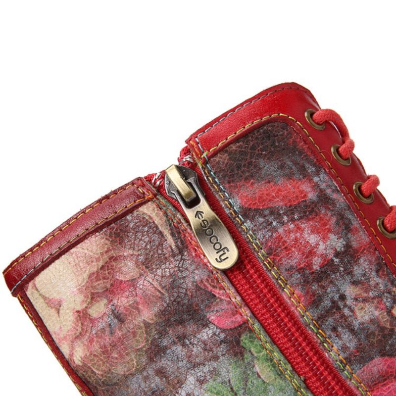 Dames Retro Bloemenprint Echt Leer Embossing Lace Up Stiksels Enkellaarsjes