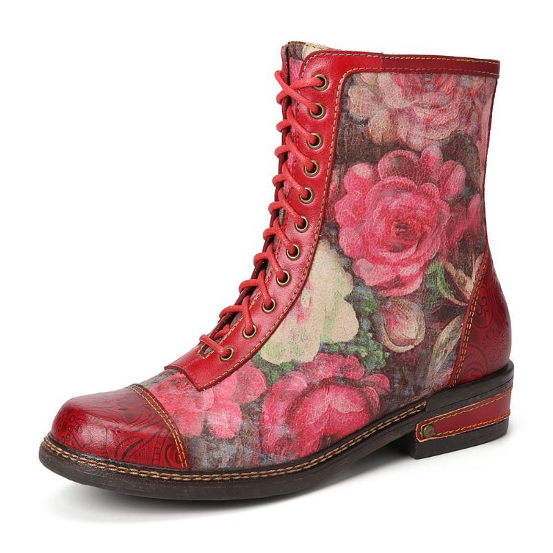 Dames Retro Bloemenprint Echt Leer Embossing Lace Up Stiksels Enkellaarsjes