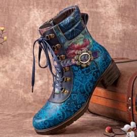 Dames Retro Bloemenprint Lederen Veterschoenen Dikke Hakken Halfhoge Laarzen