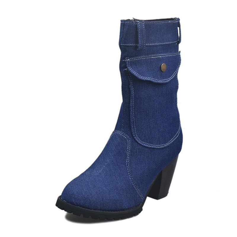 Dames Retro Denim Doek Side Zip Bag Decor Chunky Heel Mid Calf Boots