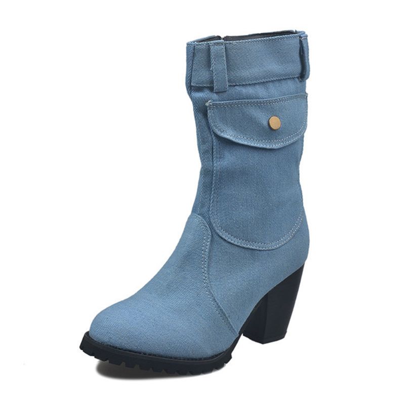 Dames Retro Denim Doek Side Zip Bag Decor Chunky Heel Mid Calf Boots