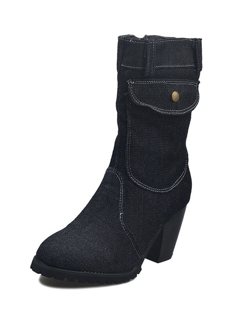 Dames Retro Denim Doek Side Zip Bag Decor Chunky Heel Mid Calf Boots