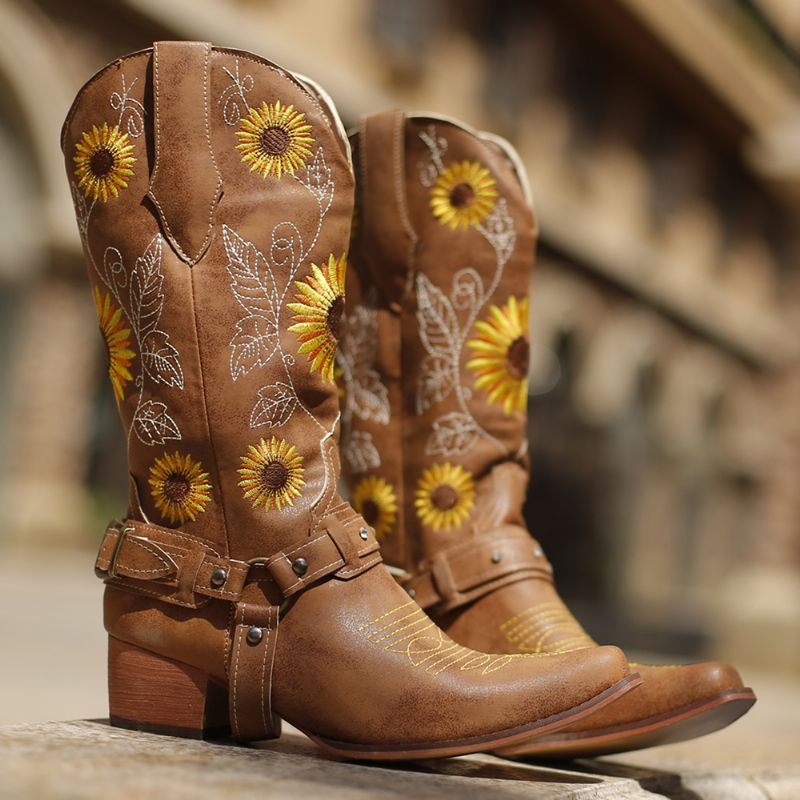 Dames Retro Zonnebloemen Patroon Puntschoen Chunky Hak Harnas Cowboylaarzen