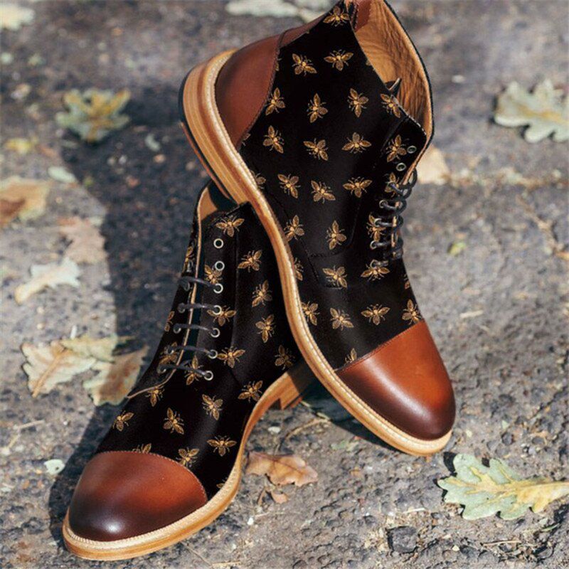 Heren Britse Stijl Cap Toe Splicing Bees Bedrukte Doek Enkel Jack Boots