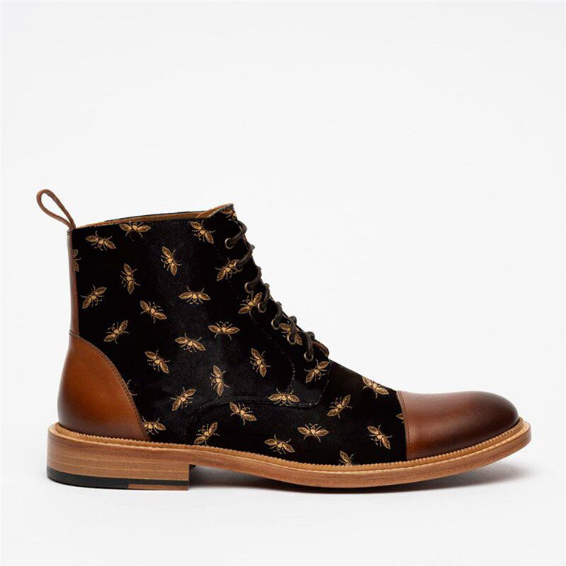 Heren Britse Stijl Cap Toe Splicing Bees Bedrukte Doek Enkel Jack Boots