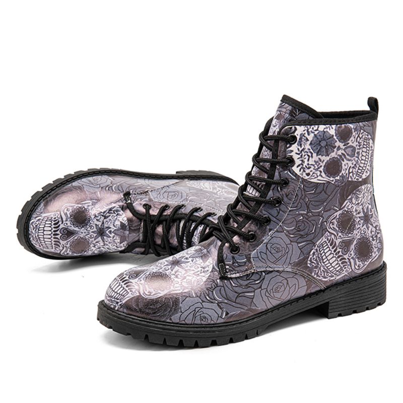 Heren Lederen Retro Bloemenschedelpatroon Dikke Zolen Veterschoenen Zachte Casual Martin-laarzen