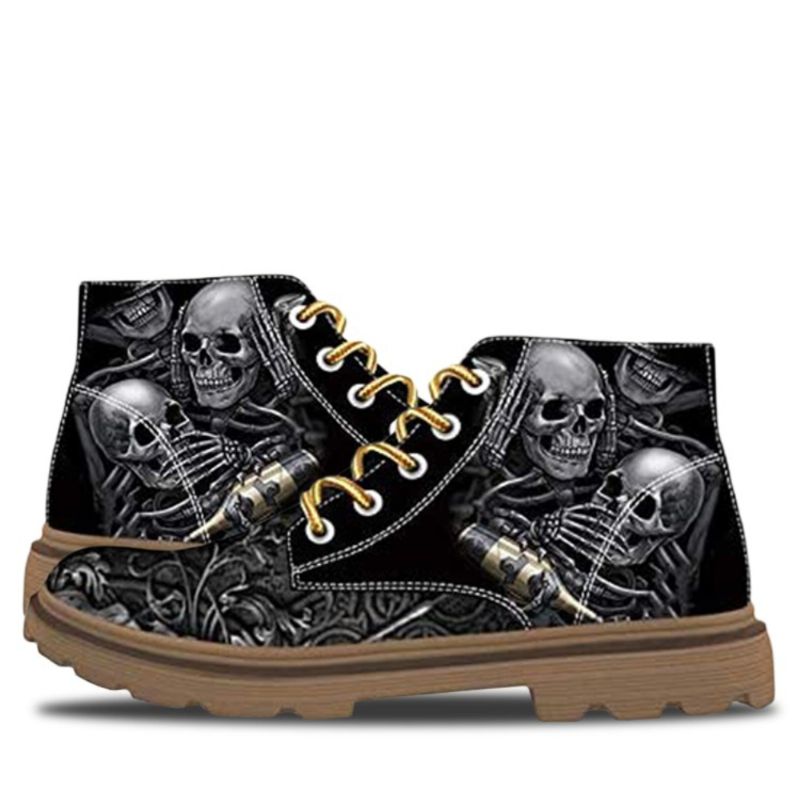 Heren Lederen Zachte Zool Skull Printing Casual Enkellaarsjes