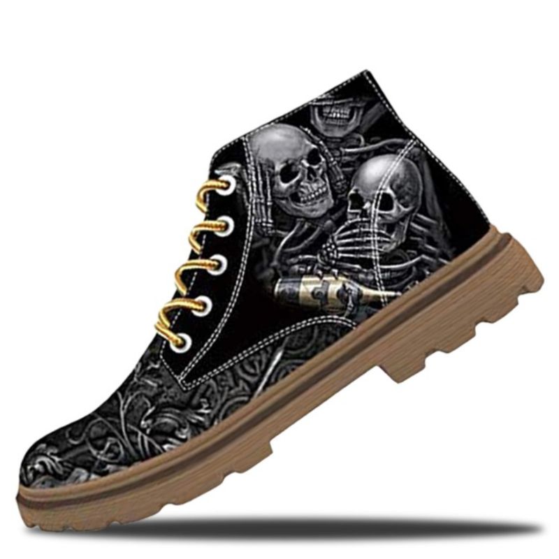 Heren Lederen Zachte Zool Skull Printing Casual Enkellaarsjes