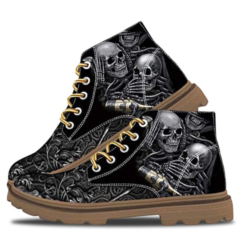 Heren Lederen Zachte Zool Skull Printing Casual Enkellaarsjes