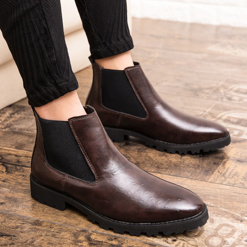 Heren Vintage Elastische Slip-on Zakelijke Leren Enkellaarsjes