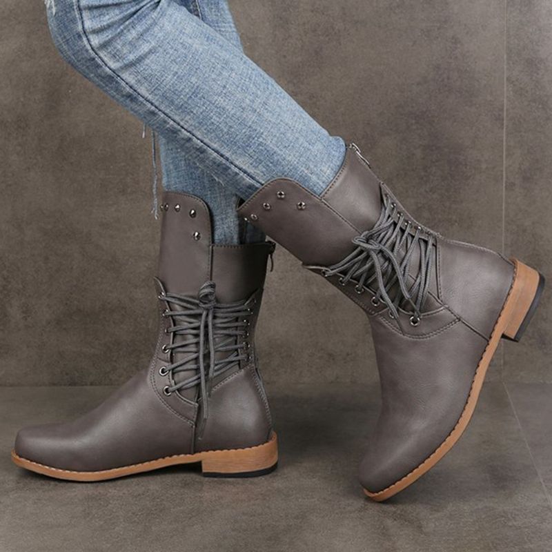 Plus Size Dames Retro Rivet Cross Strap Back Zipper Mid Calf Boots