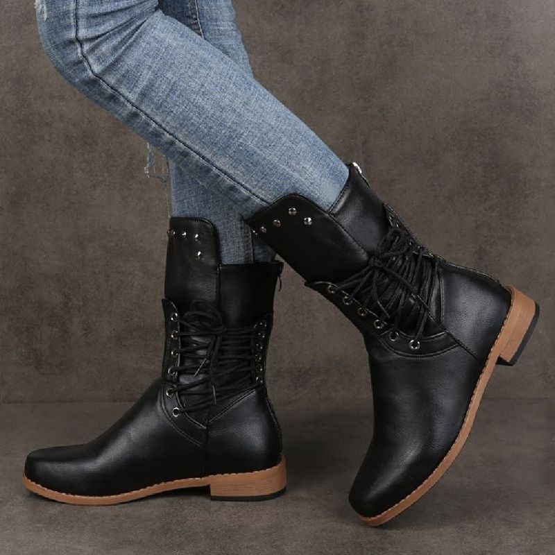 Plus Size Dames Retro Rivet Cross Strap Back Zipper Mid Calf Boots