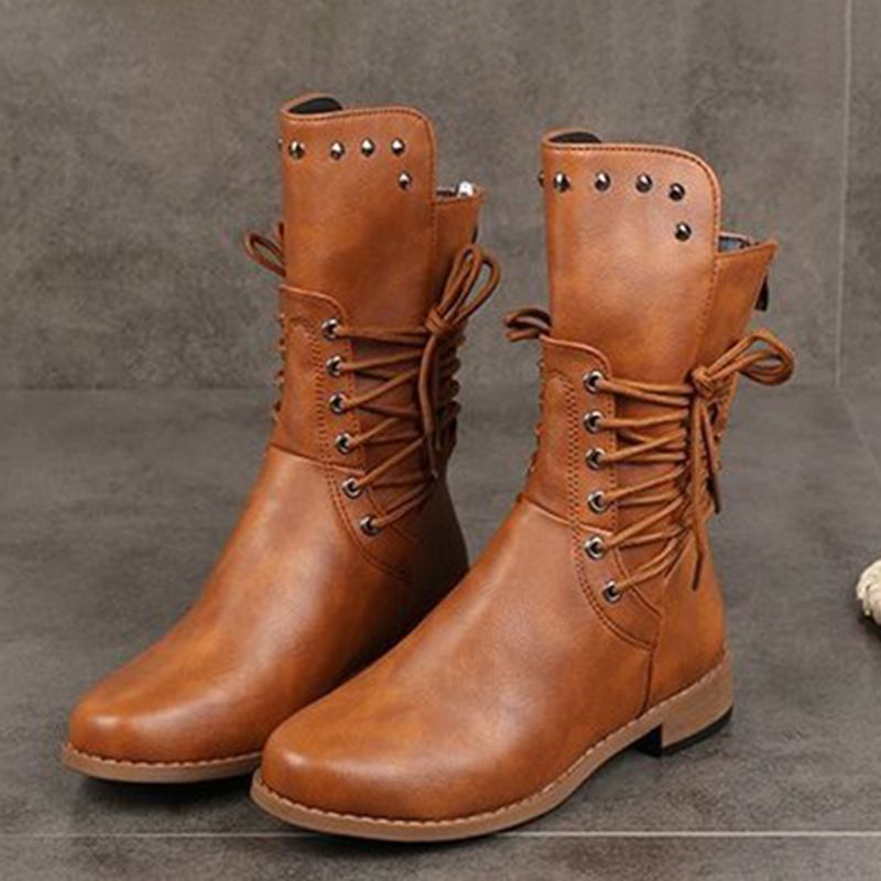 Plus Size Dames Retro Rivet Cross Strap Back Zipper Mid Calf Boots