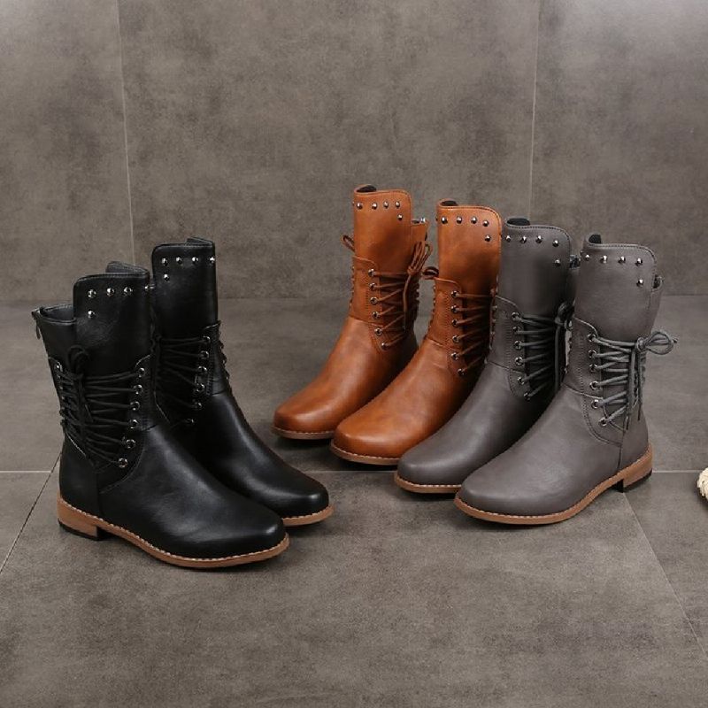 Plus Size Dames Retro Rivet Cross Strap Back Zipper Mid Calf Boots