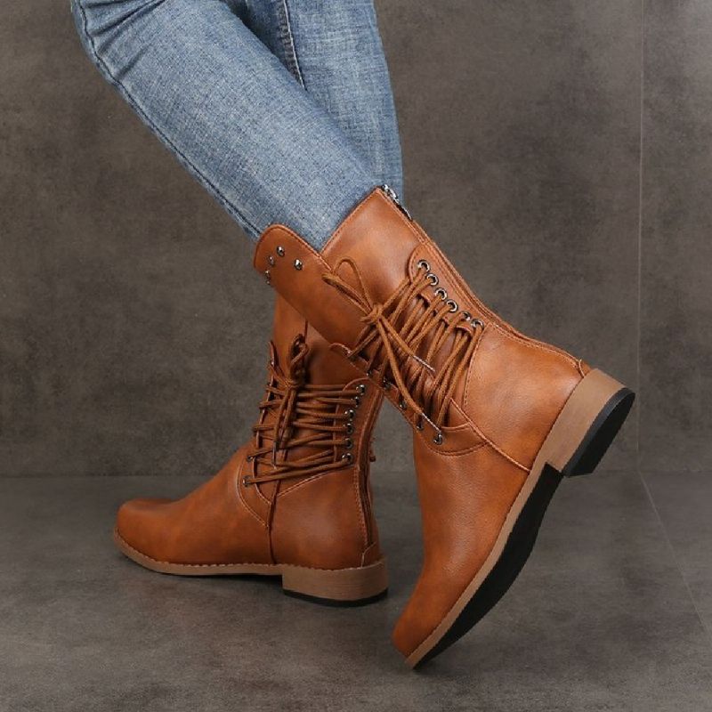 Plus Size Dames Retro Rivet Cross Strap Back Zipper Mid Calf Boots