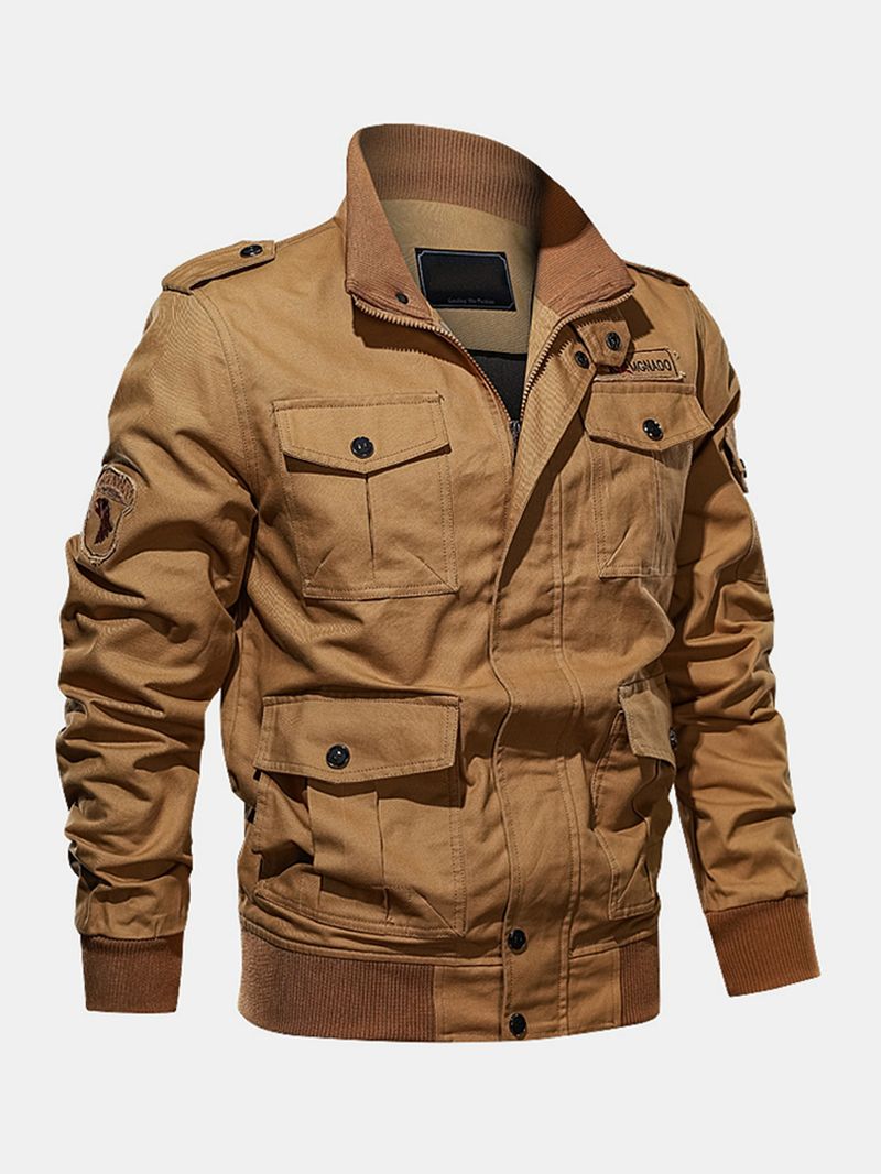 Heren 100% Katoenen Badge Zip Front Outdoor Cargo Jacket Met Multi Pocket