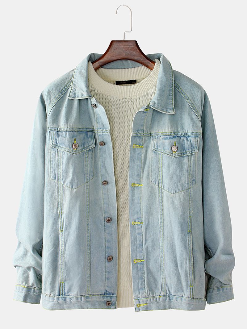 Heren Blauw Vintage Denim Jack Met Reverszak En Lange Mouwen