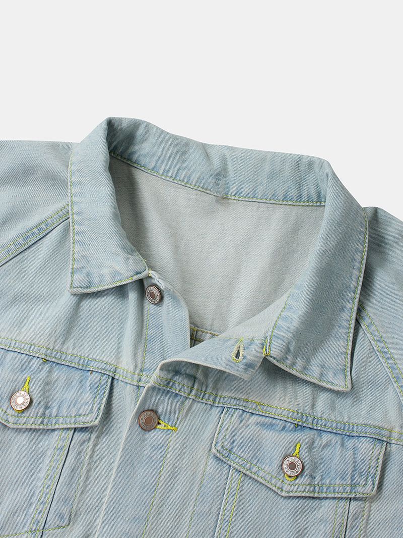 Heren Blauw Vintage Denim Jack Met Reverszak En Lange Mouwen