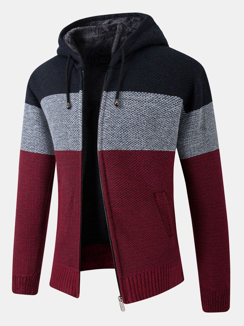 Heren Colorblock Wol Breien Dikke Warme Hoodie Met Lange Mouwen