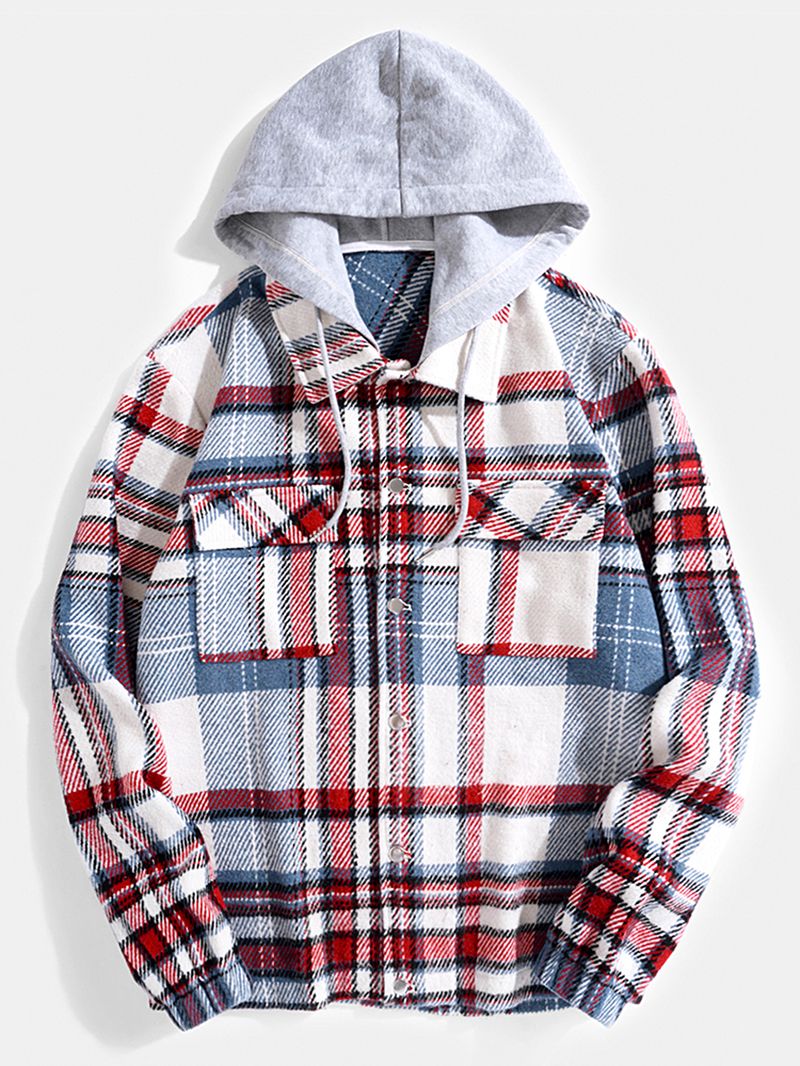 Heren Contrastkleurige Zakken Button-up Revers Hooded Shirts Jassen