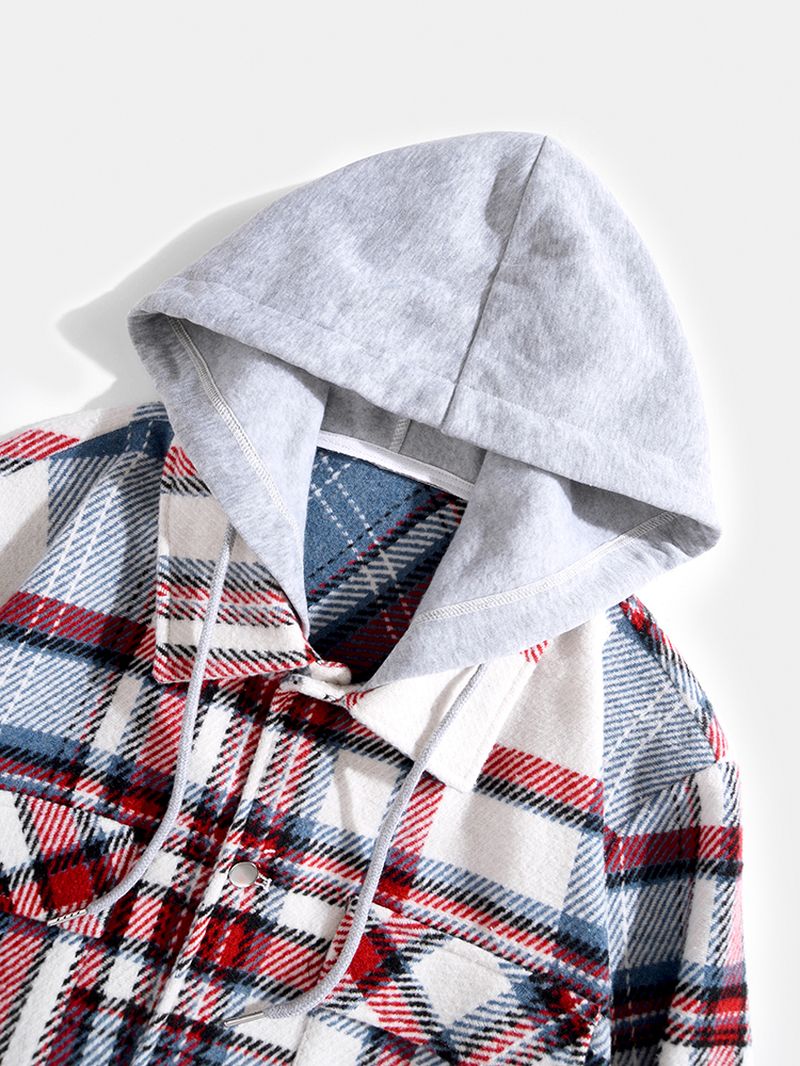 Heren Contrastkleurige Zakken Button-up Revers Hooded Shirts Jassen