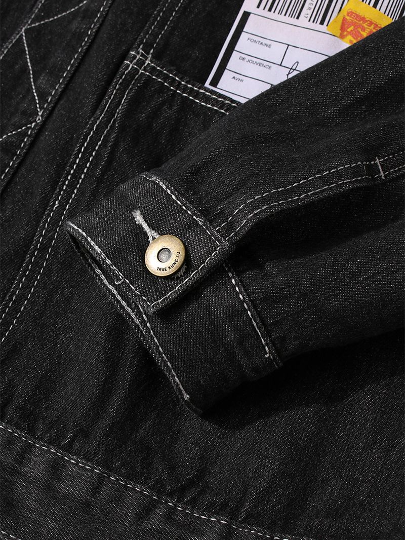 Heren Label Patroon Patchwork Revers Lange Mouw Zwart Denim Jack