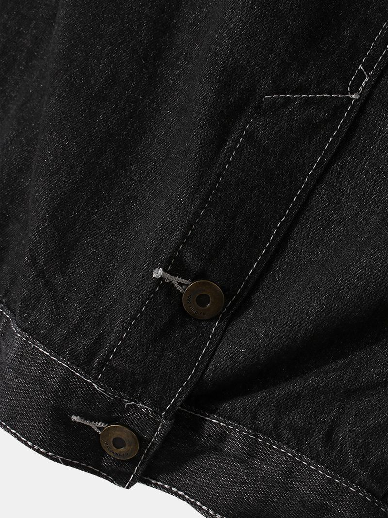 Heren Label Patroon Patchwork Revers Lange Mouw Zwart Denim Jack