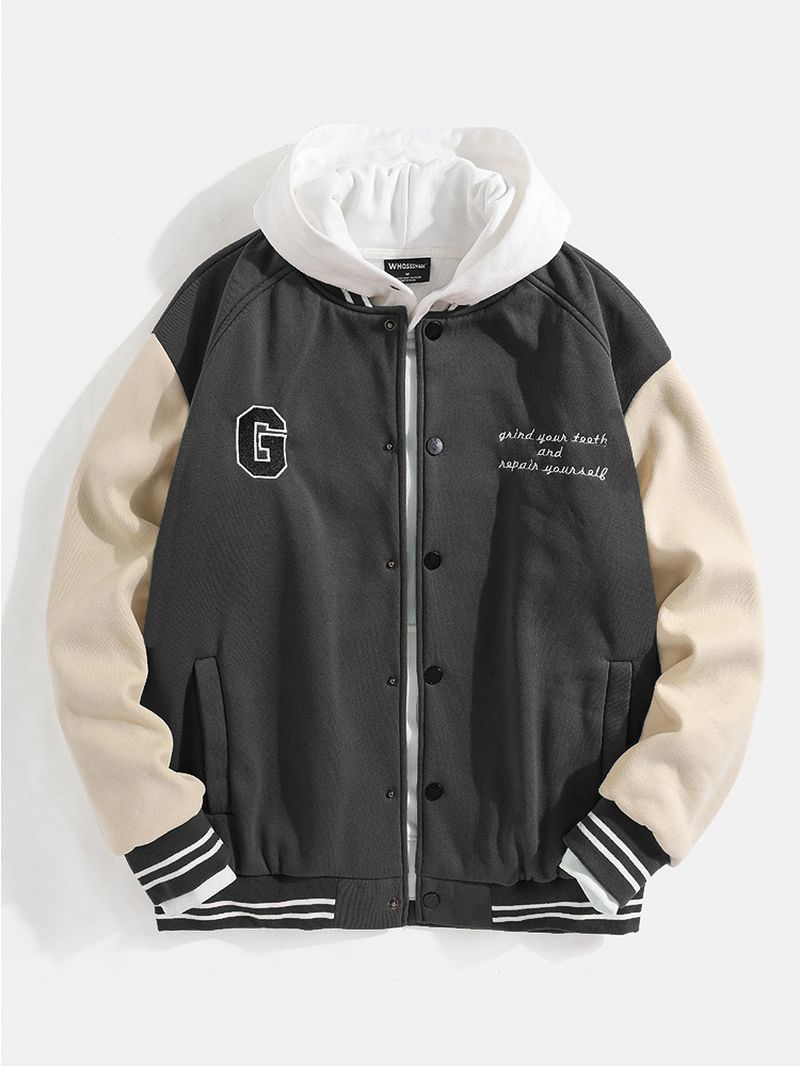 Heren Letter Graphics Drop Shoulder Patchwork Baseball Collar Jacket