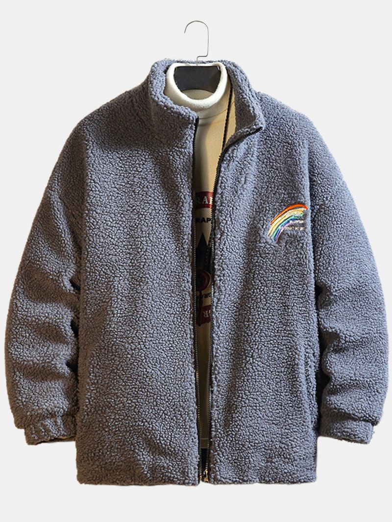 Heren Letter Regenboog Geborduurd Fleece Warm Casual Jasje