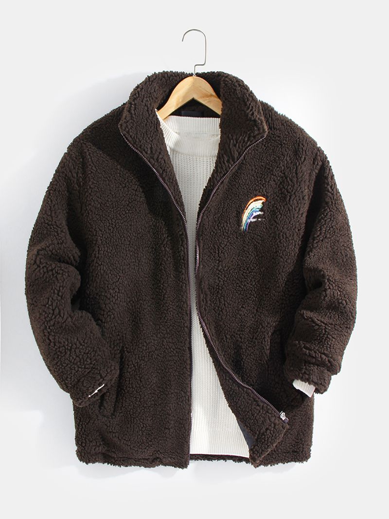 Heren Letter Regenboog Geborduurd Fleece Warm Casual Jasje