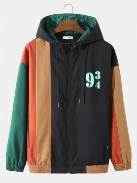 Heren Patchwork Color Block Print Full Zip Pocket Hoodies Windbreaker Jassen