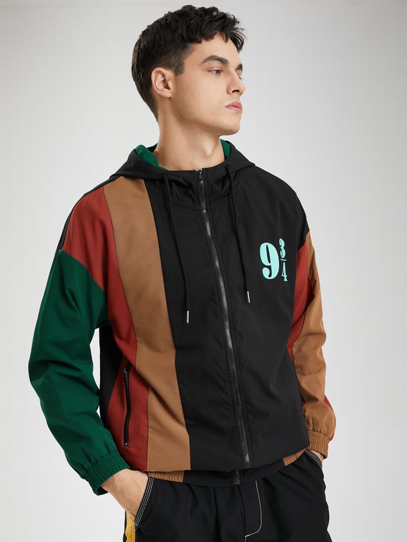 Heren Patchwork Color Block Print Full Zip Pocket Hoodies Windbreaker Jassen